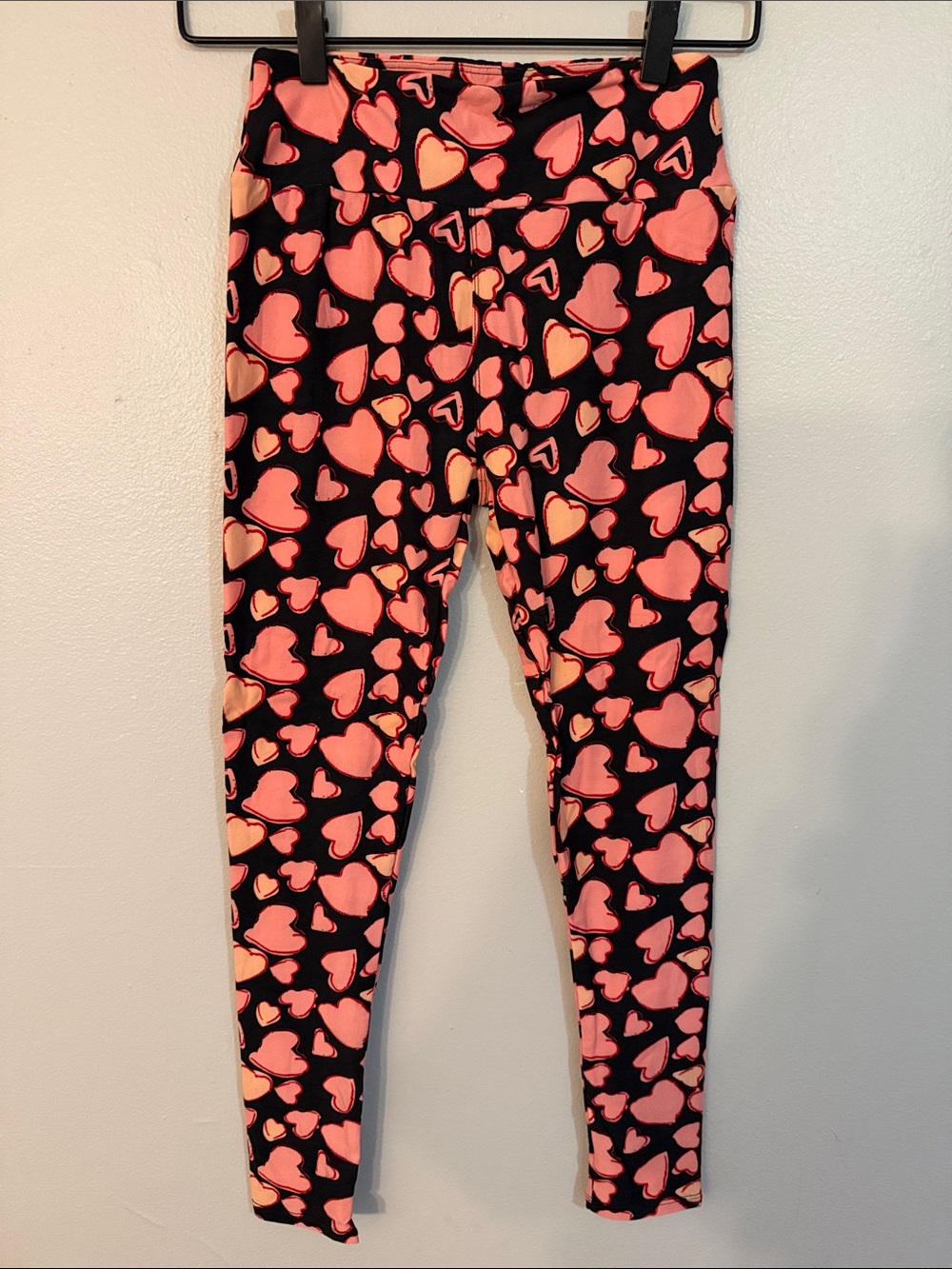 LuLaRoe Black Leggings with Pink Heart Print